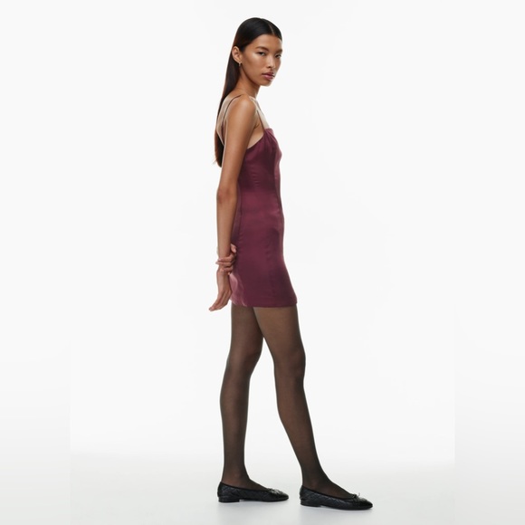 Sunday Best Shimmer Satin Square Neck 90s Style Mini Dress in Spiced Burgundy - Picture 8 of 17